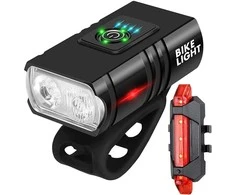 Dviračio žibintai su LED T6 priekiui ir galui, USB įkrovimas
