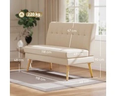 Dvivietė sofa, dygsniuotas atlošas, medinės kojos, storas paminkštinimas, lininio audinio išvaizda, skirta mažoms erdvėms, smėlio spalvos
