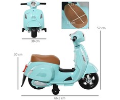 HOMCOM VESPA elektrinis vaikiškas motociklas, 18-36 mėn., 3 km/h, LED šviesos, garsas, plastikas/metalas, žalias, 66,5 x 38 x 52 cm