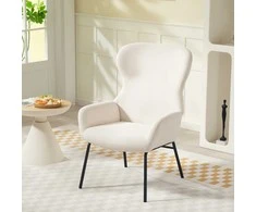 Fotelis HOMCOM Moderni "Wingback" tipo kėdė, su aukšta atlošu, storu paminkštinimu, plieninėmis kojomis, kreminės baltos spalvos