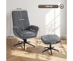 Fotelis su kojų atrama, atlošiamas iki 130°, besisukantis 360°, pilkas, 72 × 83 × 107 cm