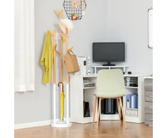 HOMCOM rūbų kabykla, stovima kabykla su 13 kabliukų, modernus skėčių stovas, metalas ir bambukas, natūrali ir balta spalva
