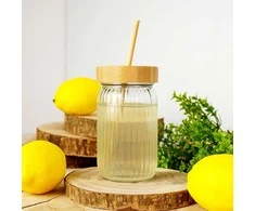 Excellent Houseware Stiklinis gėrimo stiklainis su bambuko dangteliu ir šiaudeliu 500 ml