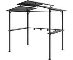 Outsunny kepsninių pavėsinė 250 x 160 x 250 cm, vandeniui atspari sodo pavėsinė su dvigubu stogu, šoninėmis lentynomis, UV apsauga, BBQ pavėsinė, sodo palapinė kepsninėms, vakarėliams, juoda