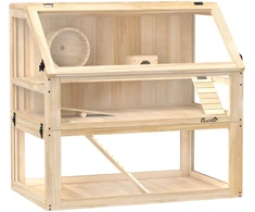PawHut medinis žiurkėnų narvelis 3 aukštų graužikų būstas su atidaromu stogeliu, bėgimo rateliu ir priedais, natūrali mediena, 80 x 50 x 76 cm