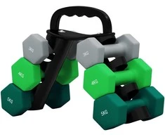 SPORTNOW 6 hantelių rinkinys 2 x 3kg, 2 x 4kg, 2 x 5kg, hantelių rinkinys su stovu, šešiakampių hantelių rinkinys, skirtas jėgos treniruotėms, fitnesui namuose, pilka + žalia + turkio spalva