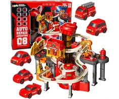 Lean Toys Interaktyvus automobilių garažas su trasa ir keltuvu, raudonas, 52 × 36 × 46 cm, su 8 automobiliais
