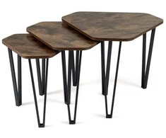 Įstatomų staliukų rinkinys su metaliniu rėmu ir 15 mm stalviršiais, kaimiškai rudas ir juodas, 58,5 × 52,5 × 45,5 cm / 51 × 45,5 × 43 cm / 39 × 35 × 40 cm, 3 vnt.