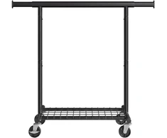 Ištraukiama drabužių kabykla su lentyna ir ratukais, juoda, 92–132 × 45 × 161,5 cm