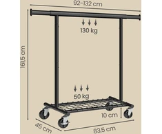 Songmics Ištraukiama drabužių kabykla su lentyna ir ratukais, juoda, 92–132 × 45 × 161,5 cm