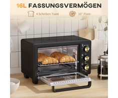 Kaitlentė "HOMCOM" mini orkaitė 16 L 1400 W Mini orkaitė 100-230 ℃ 60 min. laikmatis, su grilio grotelėmis ir kepimo skardomis, picų kepimo krosnelė su dėklo rankena, trupinių padėklas juodas
