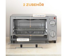 Elektrinė krosnelė HOMCOM 9L mini orkaitė su kepimo skarda, grotelėmis, 100 °C–230 °C, su reguliuojama temperatūra ir kepimo laiku, 60 min. laikmačiu, 750 W, nerūdijantis plienas, sidabrinė