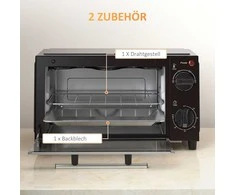 Elektrinė krosnelė HOMCOM mini orkaitė 9L, su kepimo skarda, grotelėmis, 100 °C-230 °C, reguliuojama temperatūra ir kepimo laikas, 60 min. laikmatis, 750 W, nerūdijantis plienas, juoda