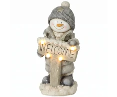 Kalėdinė sniego senio statulėlė su LED apšvietimu ir „Welcome“ lentele, pilka, balta ir juoda, 23 × 20 × 46 cm