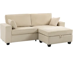 Kampinė sofa su daiktadėže, velveto apmušalu, smėlio spalvos, 216 × 151 × 94 cm