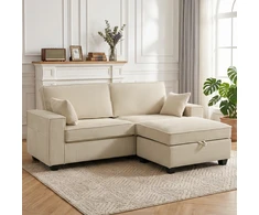 Kampinė sofa su daiktadėže, velveto apmušalu, smėlio spalvos, 216 × 151 × 94 cm