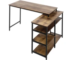 HOMCOM kampinis rašomasis stalas, L formos kompiuterio stalas su lentyna ir stalčiumi, biuro stalas, medžio drožlių plokštė, metalas, kaimiška ruda spalva, 135x90x79 cm