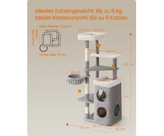 Songmics Kačių draskyklė su urveliais ir platformomis, 152 cm
