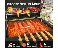 Outsunny mobilus nerūdijančio plieno kepsninė, vežimėlis su dangčiu, termometru, grotelėmis, ratukais, reguliuojama rankena ir anglių loveliu, grilis su medine lentyna, BBQ rūkykla kempingui ir sodui, 112x58x107cm
