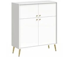 Komoda su 4 durelėmis ir metalinėmis kojelėmis, kreminė su aukso spalvos detalėmis, 105,4 × 40,5 × 122,4 cm