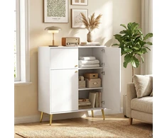 Komoda su 4 durelėmis ir metalinėmis kojelėmis, kreminė su aukso spalvos detalėmis, 105,4 × 40,5 × 122,4 cm