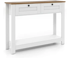 Konsolinis staliukas su 2 stalčiais, natūralios medienos ir baltos spalvos, 106 × 30 × 81 cm