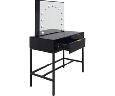 Kosmetinis staliukas su LED veidrodžiu ir stalčiumi, juodas su rudomis detalėmis, 143 × 104 × 50 cm