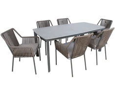 Lauko baldų komplektas su 6 kėdėmis ir sukepinto akmens stalviršiu, pilkas, 180 × 90 × 75 cm