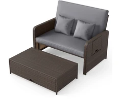 Lauko suoliukas su 4 padėčių reguliuojamu atlošu ir pufu su daiktadėže, mišrios rudos spalvos, 166/122 × 70–111 × 55–88 cm, 2 dalių