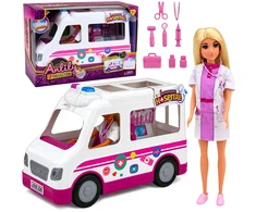 Lean Toys Lėlė su greitosios pagalbos automobiliu balta ir rožinė