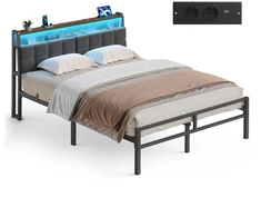 Lova Songmics Lovos rėmas su daiktadėže ir LED apšvietimu, matinės juodos ir vintažinės rudos spalvos, 218,3 × 140,5 × 104,5 cm