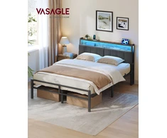 Lova Songmics Lovos rėmas su daiktadėže ir LED apšvietimu, matinės juodos ir vintažinės rudos spalvos, 218,3 × 140,5 × 104,5 cm
