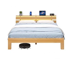 Lova Songmics Lovos rėmas su galvūgaliu ir LED apšvietimu, natūralios spalvos, 221,2 × 164,5 × 78 cm