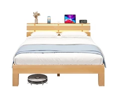 Lova Songmics Lovos rėmas su galvūgaliu ir LED apšvietimu, natūralios spalvos, 221,2 × 144,5 × 78 cm