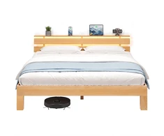 Lova Songmics Lovos rėmas su galvūgaliu, LED apšvietimu ir USB jungtimis, natūralios spalvos, 221,2 × 184,5 × 78 cm