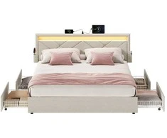 Lova Vasagle Metalo lovos rėmas su LED apšvietimu ir stalčiais 210x149 cm