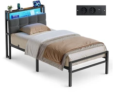 Songmics Lova su daiktų laikymo vieta ir LED apšvietimu, matinė juoda, 218,3 × 90,5 × 104,5 cm