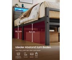 Songmics Lova su daiktų laikymo vieta ir LED apšvietimu, matinė juoda, 218,3 × 90,5 × 104,5 cm