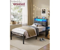 Songmics Lova su daiktų laikymo vieta ir LED apšvietimu, matinė juoda, 218,3 × 90,5 × 104,5 cm