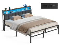 Songmics Lova su galvūgaliu ir LED apšvietimu, matinė juoda ir vintažinė ruda, 218,3 × 160,5 × 104,5 cm