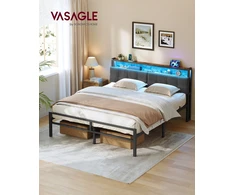 Songmics Lova su galvūgaliu ir LED apšvietimu, matinė juoda ir vintažinė ruda, 218,3 × 160,5 × 104,5 cm