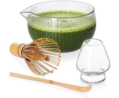 Matcha ruošimo rinkinys, stiklinis ir bambukinis, skaidrus, 4 dalių