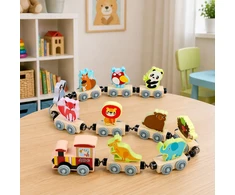 Lean Toys Medinis magnetinis traukinukas su vagonėliais