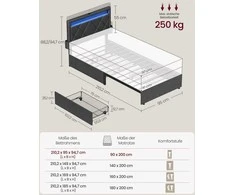 Songmics Metalinė lova su LED apšvietimu ir stalčiais