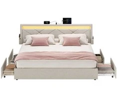 Songmics Metalinė lova su LED apšvietimu ir stalčiais 210,2 x 169 cm