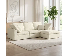 Modulinė kampinė sofa su perstatomu pufu, kreminė balta, 254 × 163 × 79 cm