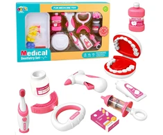 Lean Toys Odontologo rinkinys su vibruojančiu dantų šepetėliu ir atidaromu žandikaulio modeliu, baltas ir rožinis, 15 dalių