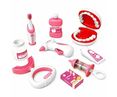 Lean Toys Odontologo rinkinys su vibruojančiu dantų šepetėliu ir atidaromu žandikaulio modeliu, baltas ir rožinis, 15 dalių