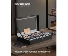 Songmics Papuošalų dėžutė su stikliniu dangteliu ir 14 skyrelių, juoda, 34,8 × 20 × 7,5 cm