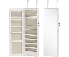 Papuošalų spinta su viso ūgio veidrodžiu ir LED apšvietimu, balta, 37 × 120 × 10 cm